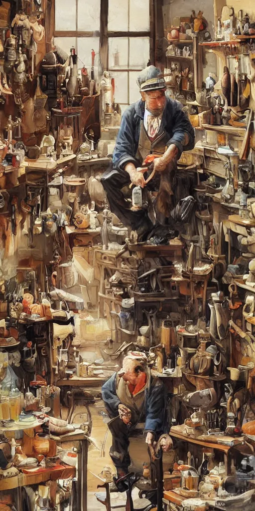 Image similar to oil painting scene from shoemaker's shop by kim jung gi