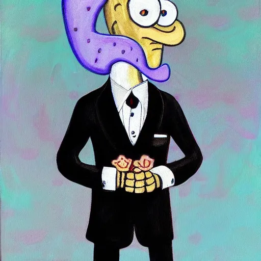 Prompt: squidward wearing an ornate suit, portrait style painting