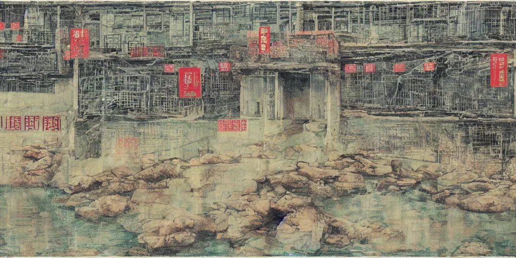 Image similar to a chinese prison near a river by peter doig, overlaid with chinese adverts