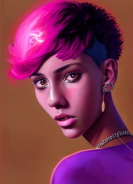 Image similar to portrait of teenage vanessa morgan with bright pink hair, black girl, curly pixie cut hair, wearing a purple breton cap, breton cap, hoop earrings, intricate, elegant, glowing lights, highly detailed, digital painting, artstation, concept art, smooth, sharp focus, illustration, art by wlop, mars ravelo and greg rutkowski