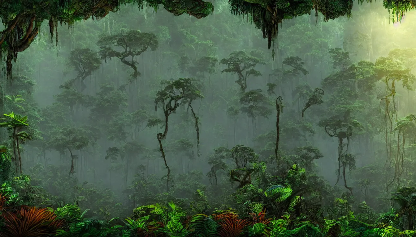 Image similar to deep mayan jungle forest realm biodiversity , side-scrolling 2d platformer game level, swirling clouds of magical mist through the trees, ancient forbidden temple ruins in tre background between the tree trunks, dramatic dusk sun illuminates areas , volumetric light , detailed entangled roots carpet the forest floor, rich color , upscale , 8k