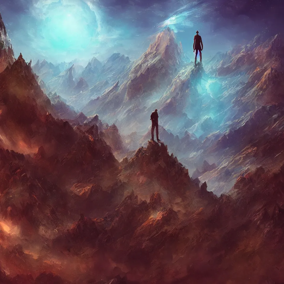 Image similar to man standing on edge of the mountain, galaxy in the sky,digital art, concept art, fantasy art, highly detailed, HD wallpaper, artstation, Deviantart, abeyance