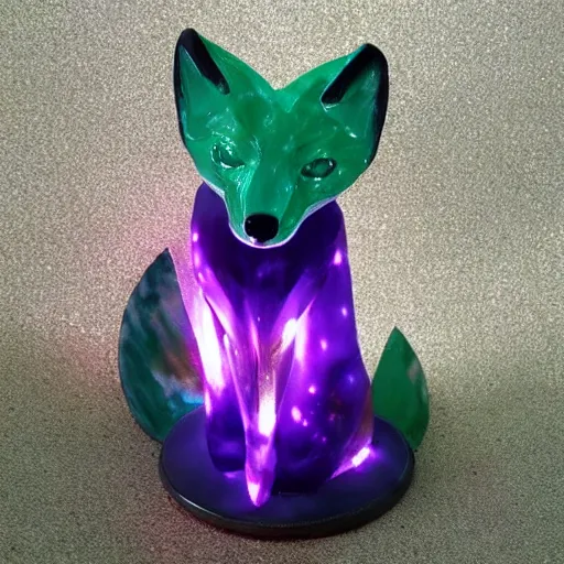 Image similar to !dream Emerald Fox sculpture with glowing purple eyes