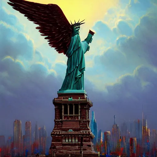 Image similar to a hyper realistic painting of a human with an eagle head, standing on the statue of liberty, watching the colorful city with highly detailed skyline, sunset, majestic, wonderful, fantasy, by Greg Rutkowski, Trending on Artstation, digital art