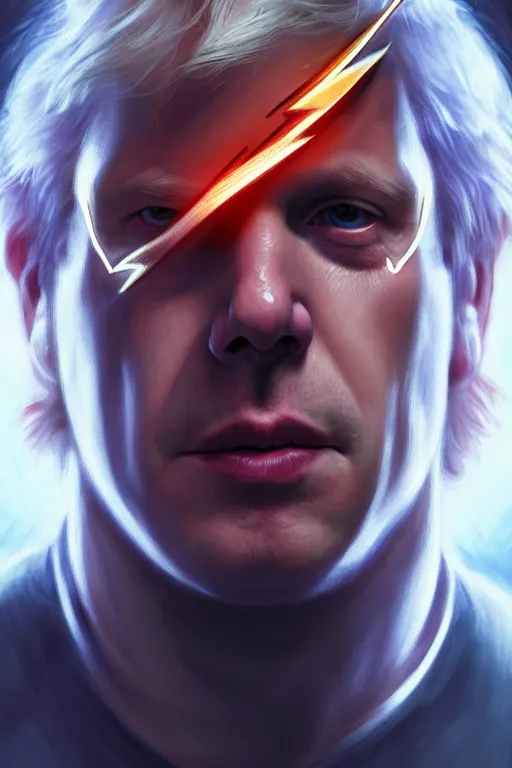 Prompt: Boris Johnson as Flash by Zack Snyder, realistic portrait, symmetrical, highly detailed, digital painting, artstation, concept art, smooth, sharp focus, illustration, cinematic lighting, art by artgerm and greg rutkowski and alphonse mucha