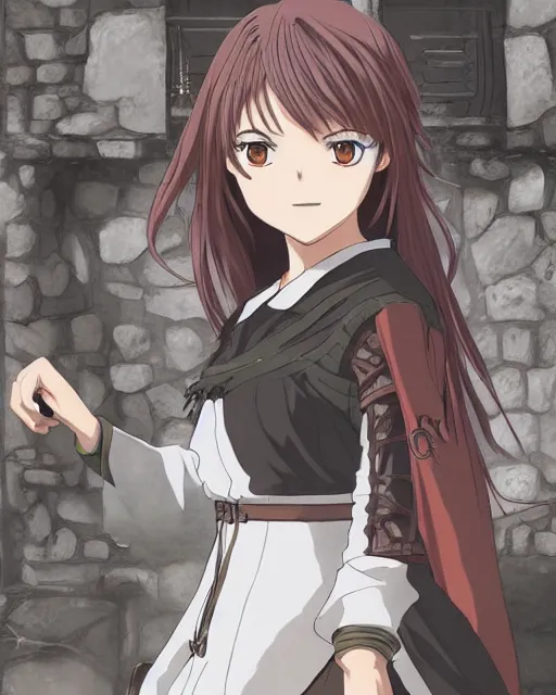 Prompt: key anime visual portrait of a young female walking through a medieval village, perfect anime face, dynamic pose, dynamic perspective, detailed silhouette, detailed, intricate, face by murata range