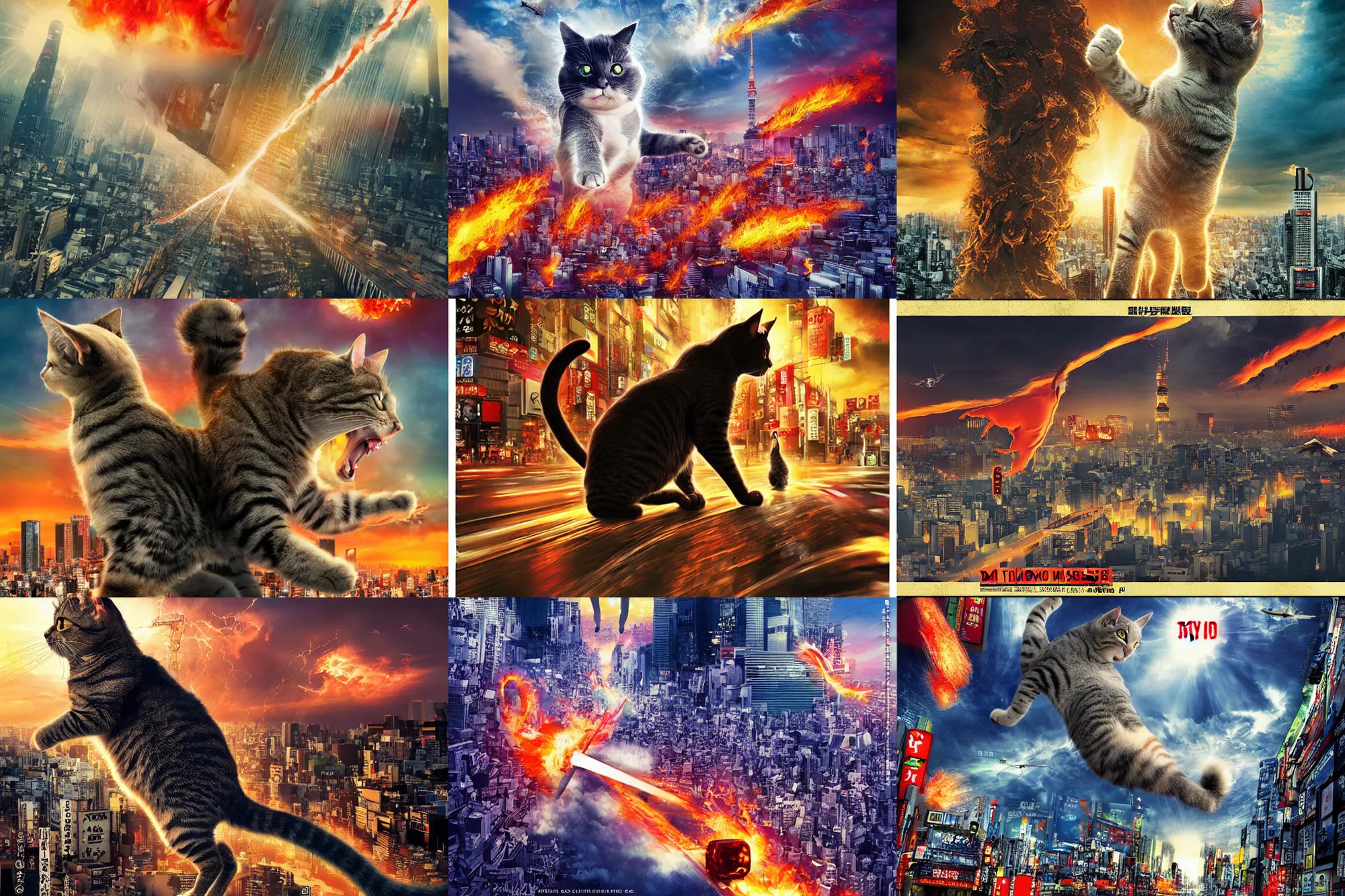 Image similar to cat attacking Tokyo, disaster movie poster, masterpiece, masterwork, cgstudio