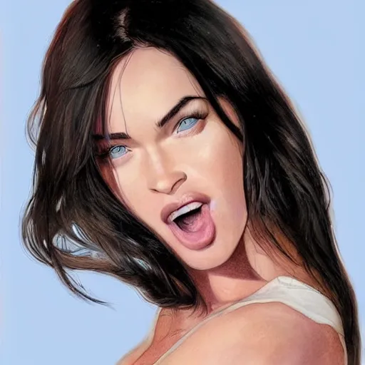 Image similar to megan fox sticking her tongue out at camera. long tongue! hyperrealistic portrait, photo realistic, poster, artstation, volumetric lighting, digital art, very detailed face by magali villeneuve