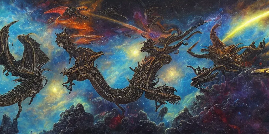 Image similar to alien dragons flying through outer space, epic nebula, asteroid belt, gothic castle, dan seagrave art