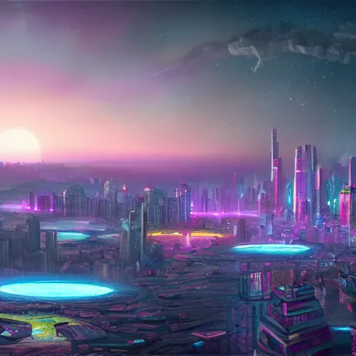 Prompt: A highly detailed and photorealistic matte painting of a city of neon lights on the edge of a crater, in the style of a panoramic landscape, trending on artstation,