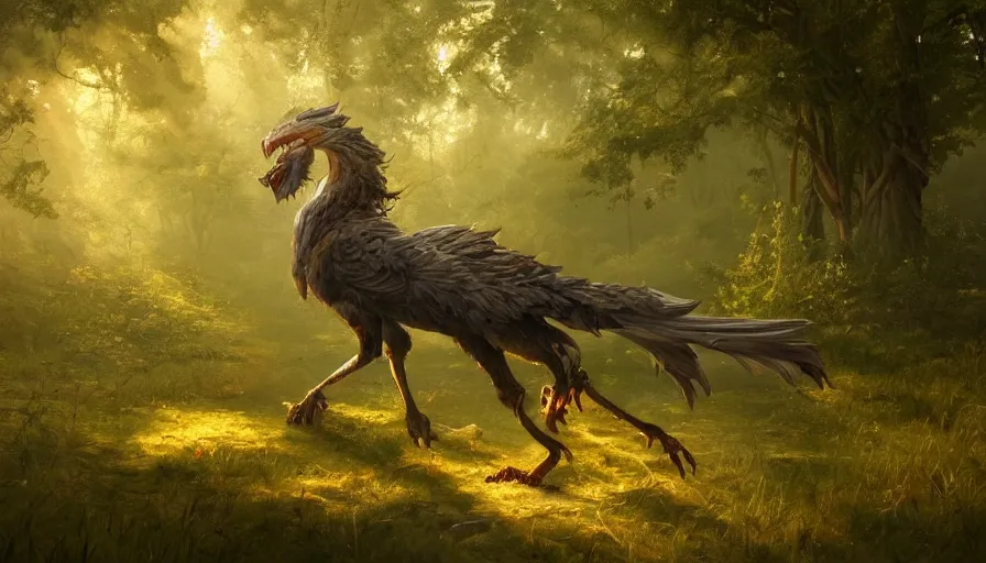 Image similar to A beautiful detailed painting of a griffin in a magical forest, ray traced sun light, by Greg Rutkowski and Kalin Popov , Trending on artstation HD.