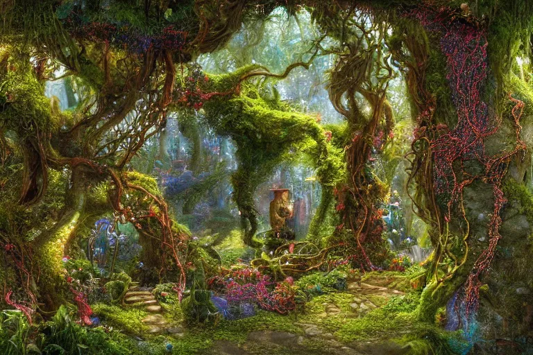 Prompt: a beautiful and highly detailed digital painting of a gateway to fairyland, iridescent crystals, moss, multicoloured vines, tangled, the secret garden. intricate details, epic scale, hyperdetailed, hyperrealism,, artstation, cgsociety, 8 k, sharp focus, by caspar friedrich, albert bierstadt, james gurney, brian froud,
