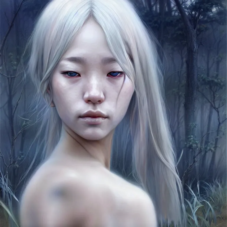 Image similar to epic cinematic portrait of a girl by the river, portrait as miho hirano, with loose white hair, shiny skin, slim figure, small details, realistic poster with three - dimensional dramatic light, artgerm, jeremy lipkin and michael garmash, unreal engine, radiant light, detailed and complex environment, digital art, trends at art station