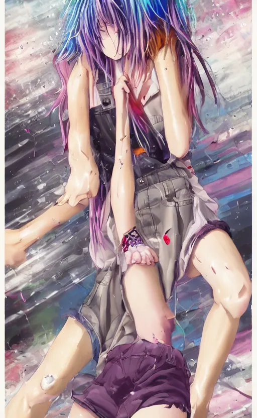 Prompt: anime, grungy woman with rainbow hair, drunk, angry, soft eyes and narrow chin, dainty figure, long hair straight down, torn overalls, skimpy shorts, combat boots, fishnets stockings, ripped pantyhose, basic white background, side boob, in the rain, wet shirt, symmetrical, single person, style of by Jordan Grimmer and greg rutkowski, crisp lines and color,