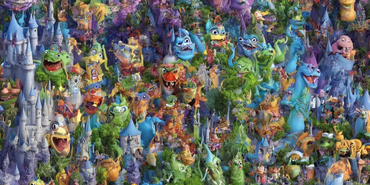 Image similar to object local coordinates for happy caricatures of dragon and castle, disney and pixar dark dank scary