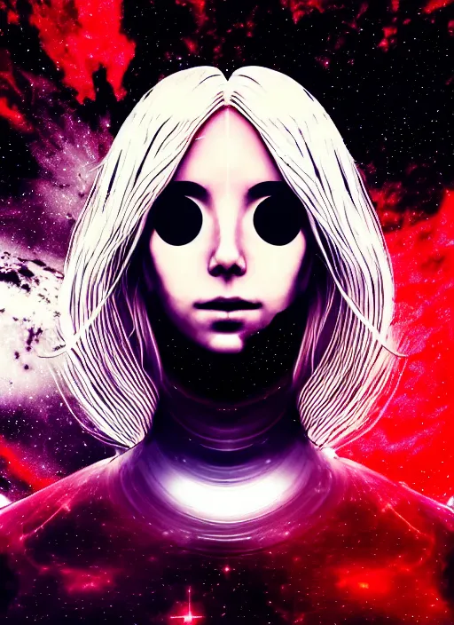 Prompt: highly detailed portrait of a hopeful pretty astronaut lady with a wavy blonde hair, by John Hoyland , 4k resolution, nier:automata inspired, bravely default inspired, vibrant but dreary but upflifting red, black and white color scheme!!! ((Space nebula background))