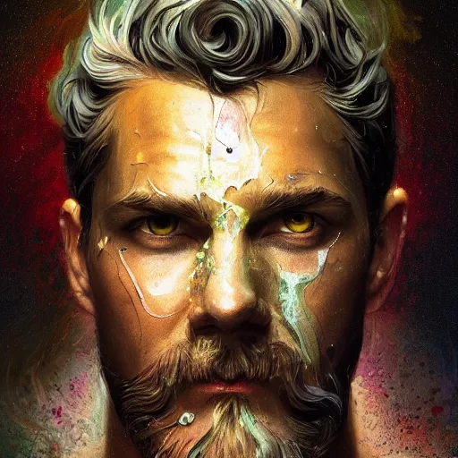 Image similar to portrait of zeus starring into the camera, fixed eyes, lightning environment, melted paint, melting, surreal, dramatic lighting, face, detailed, intricate, elegant, highly detailed, digital painting, artstation,, concept art, smooth, sharp focus, illustration, art by sam spratt, dan mumford, artem demura and alphonse mucha