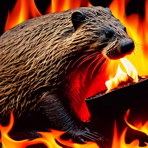 Prompt: wildlife photography of a beaver chewing down a bamboo shoot, surrounded by flames and lava, f / 1. 8, soft focus, 8 k, national geographic, award - winning photograph by nick nichols