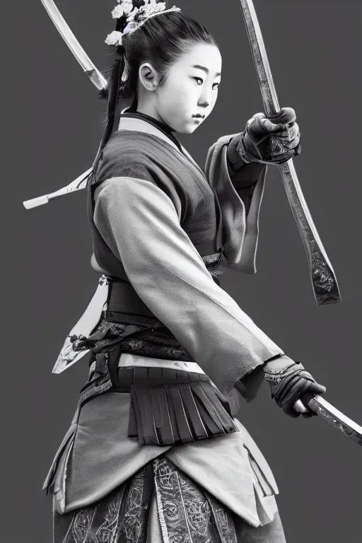 Image similar to highly detailed beautiful photo of a young female samurai, practising sword stances, symmetrical face, beautiful eyes, realistic anime art style, 8 k, award winning photo, pastels, action photography, 1 / 1 2 5 shutter speed, dramatic lighting