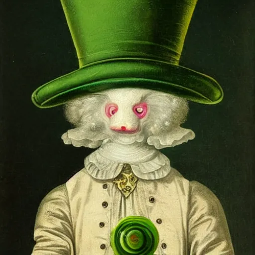 Image similar to a 1 7 th century portrait of a green axolotl reptile wearing a fancy top hat and a monocle.