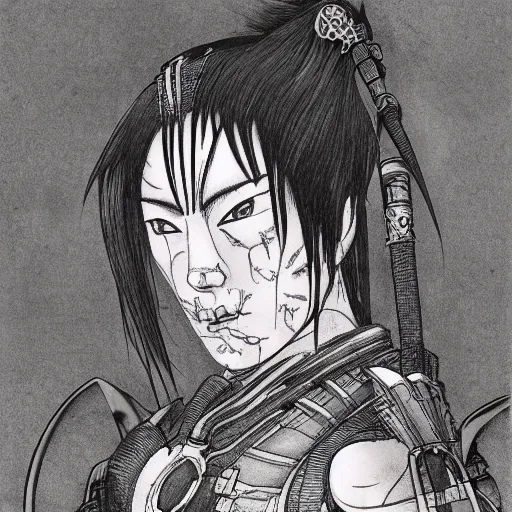 Image similar to japanese futuristic warrior with many scars, high detail, hyperdetailed, hard ink, no pencils, drawing