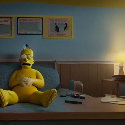 Image similar to Homer Simpson in scene from Stranger Things, photorealistic, cinematography,