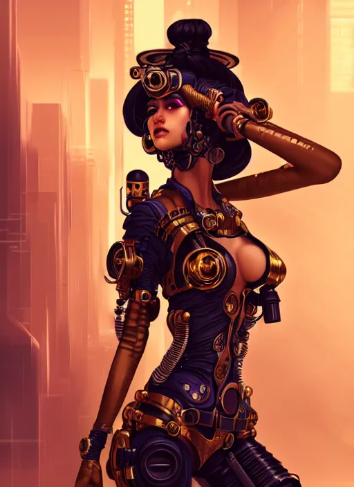 Image similar to soft lustrous ebony geisha seductive raver steampunk space cowgirl cyborg, golden ratio, details, scifi, fantasy, cyberpunk city, intricate, decadent, highly detailed, octane render, digital painting, artstation, concept art, sharp focus, illustration, art by artgerm, loish, wlop