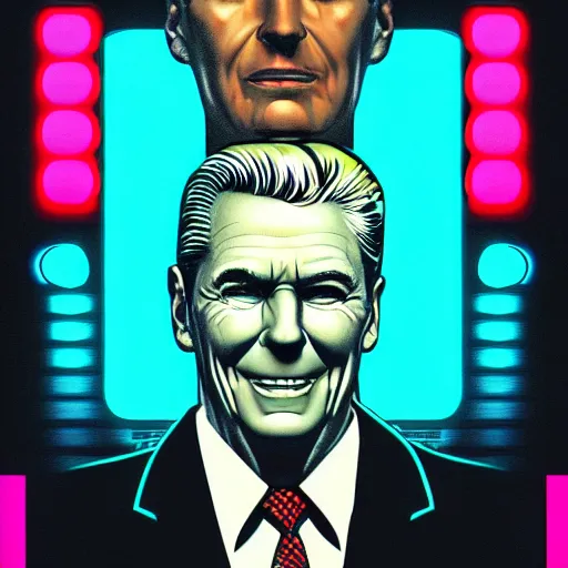 Image similar to ronald reagan as max headroom, cyberpunk, portrait, synthwave, neon, 8 0 s aesthetic, science fiction, artistic, artstation