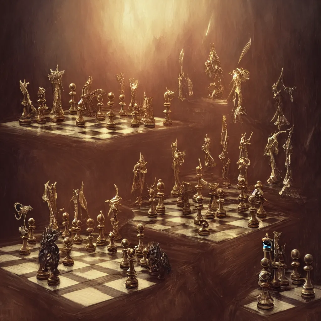 Image similar to fantasy chess pieces on chess board, studio shot, by gaston bussiere, anna nikonova aka newmilky, greg rutkowski, yoji shinkawa, yoshitaka amano, tsutomu nihei, muira, moebius, donato giancola, trending on artstation, featured on pixiv