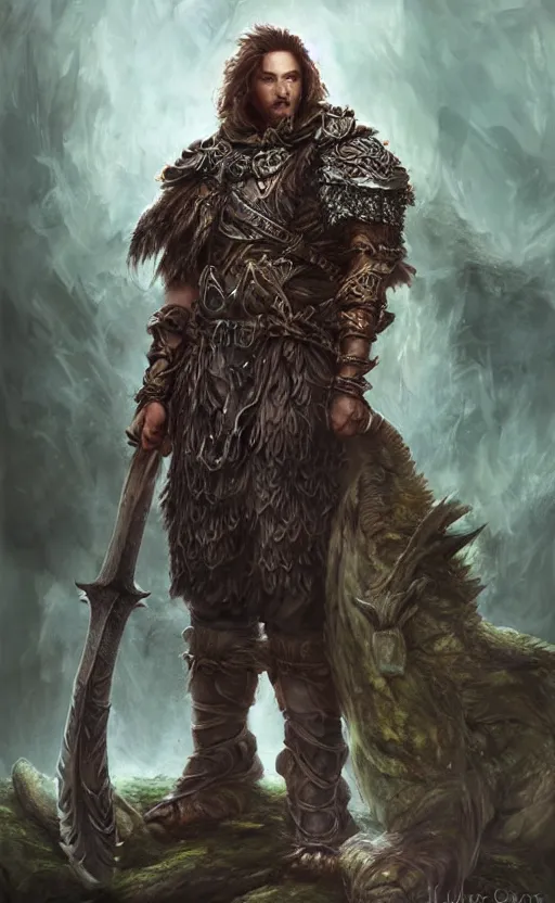 Image similar to a ruthless male druid, full body, 8 k, hyperrealistic, dragon slayer, hyperdetailed, fantasy portrait by laura sava