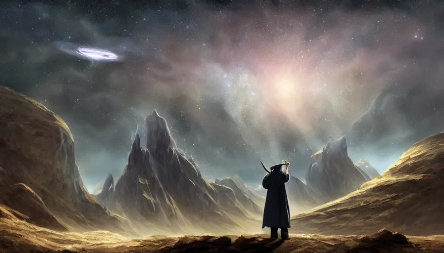 Image similar to a beautiful painting of gandalf watching the andromeda spiral galaxy in the sky of an alien world, ray traced lighting by jean kalin popov and greg rutkowski