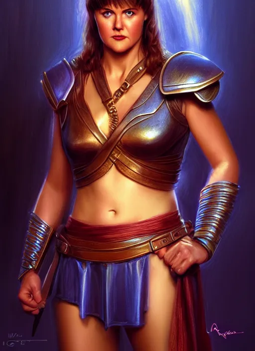 Image similar to portrait of teenage lucy lawless as xena, 1 9 5 0 s, intricate, elegant, glowing lights, highly detailed, digital painting, artstation, concept art, smooth, sharp focus, illustration, art by wlop, mars ravelo and greg rutkowski