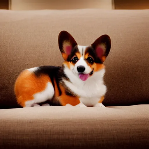 Image similar to 8k highly detailed photograph of the most adorable Corgi Puppy wearing a cute rainbow bowler hat, posing on my couch, golden hour,