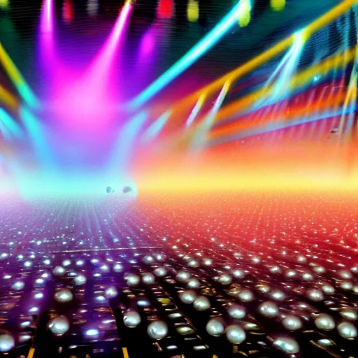 Image similar to promotional movie still wide - angle 3 0 m distance. colorful shiny pearlescent robots ( ( cat ) ) like disco music, disco balls, dance - off contests, space battles. very dramatic atmospheric volumetric lighting, octane 3 d render, ue 5, imax, saturday night fever ( film ), cocoon ( film ), scifi