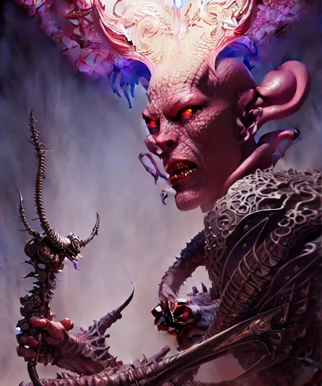 Image similar to beautiful evil fantasy character portrait, ultra realistic, demon, wide angle, intricate details, the fifth element artifacts, highly detailed by peter mohrbacher, hajime sorayama, wayne barlowe, boris vallejo, aaron horkey, gaston bussiere, craig mullins