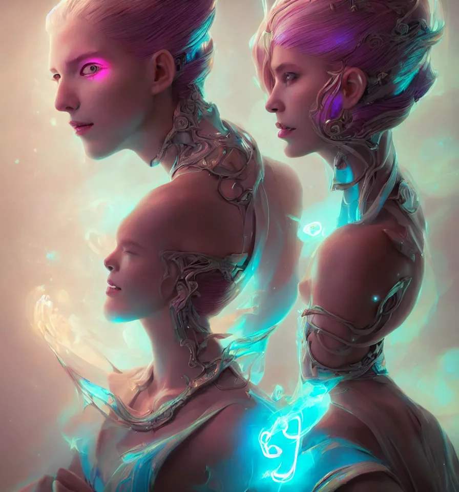 Image similar to portrait of a beautiful princess in robe. bio luminescent biomechanical halo around head. artwork by jarold Sng by artgerm, by Eddie Mendoza, by Peter mohrbacher by tooth wu, unreal engine, octane render, cinematic light, high details, iridescent colors, dichroic, macro