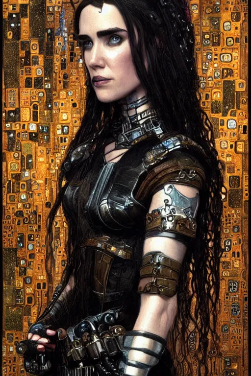 Prompt: portrait of beautiful gothic Jennifer Connelly, cyberpunk, Warhammer, highly detailed, artstation, illustration, art by Gustav Klimt