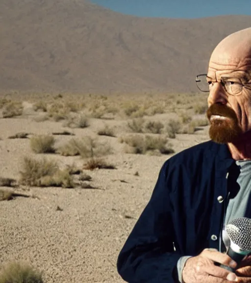 Prompt: walter white with a microphone in the desert, realistic, movie still, close up