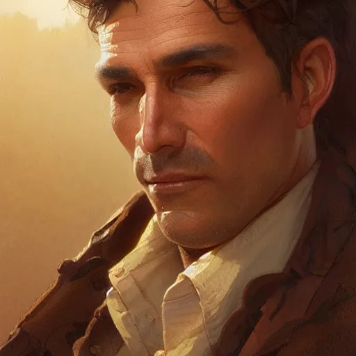 Image similar to clean shaven, tan, middle - aged christian priest with dark hair in wild west, gorgeous, beautiful, intricate, highly detailed, digital painting, artstation, oppressive lighting, concept art, sharp focus, illustration, art by greg rutkowski and alphonse mucha