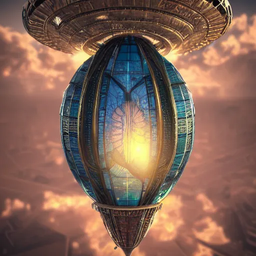 Image similar to enormous flying city in a faberge egg, sky, steampunk, fantasy art, octane render