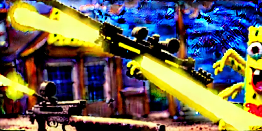 Prompt: high detail movie still of ultra realistic spongebob squarepants shooting an ak - 4 7 assault rifle with muzzle flash, cinematic framing rule of thirds, cinematic light, in the style of battle field 5