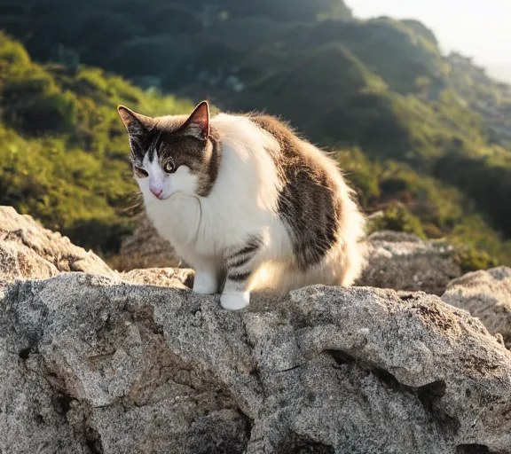 Image similar to a cat standing on a cliff overlooking a beach. hyper realistic and anamorphic 2 0 1 0 s movie still of giovanni falcone, by paolo sorrentino, leica sl 2 3 0 mm, beautiful color, high quality, high textured, lens flare, refined face and muzzle.