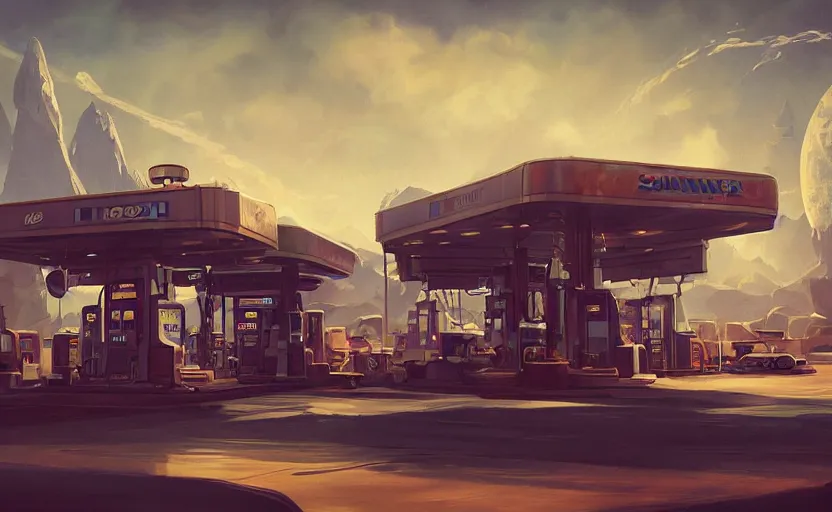 Prompt: gas station in space, 8 k, steampunk, hard edges, zoomed in, very coherent, sharp focus, rim light, exquisite lighting, hard edges, sci - fi, print, cinematic, game art, soft painting, trending on artstation