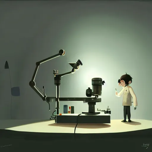 Prompt: goro fujita ilustration a science laboratory, tools for science research, microscopes, small streaks of light through, process of invention of the wheel. painting by goro fujita, sharp focus, highly detailed, artstation