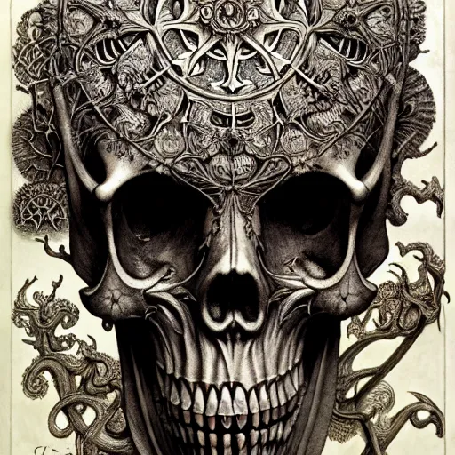 Image similar to memento mori by arthur rackham, art forms of nature by ernst haeckel, photorealistic, hyperdetailed, octane render, art nouveau, gothic, ornately carved beautiful skull mask dominant, intricately carved ornamental antique bone, art nouveau botanicals, art forms of nature by ernst haeckel, horizontal symmetry, symbolist, visionary