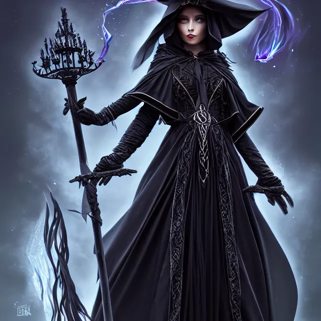 Image similar to beautiful elemental darkness witch with ornate black robes and staff, highly detailed, 4 k, hdr, smooth, sharp focus, high resolution, award - winning photo, artgerm, photorealistic
