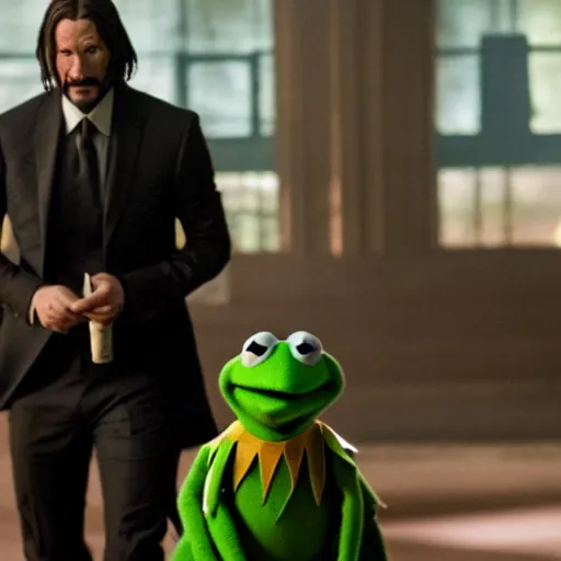 Image similar to Kermit the Frog as John Wick in a still from the film John Wick (2014)