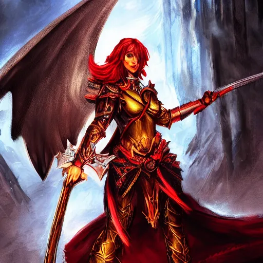 Image similar to fantasy concept art, ( ( winged ) ) ( red hair woman ) ( flaming sword ) ( ( ( plate armor ) ) ) ( ( ( ( devilish smile ) ) ) ), 4 k, painting