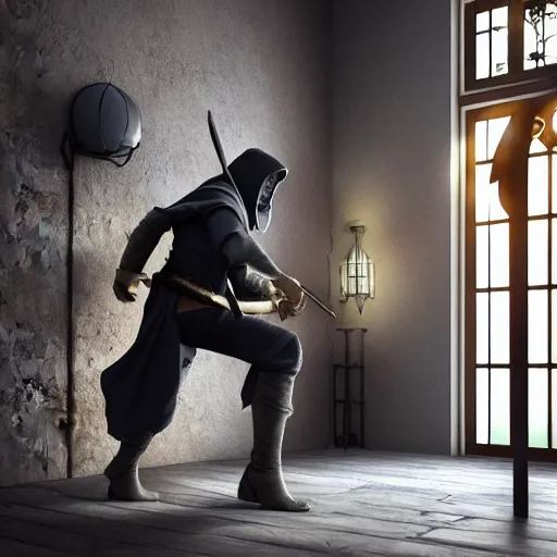 Prompt: medieval fantasy thief robbing modern home, photorealistic