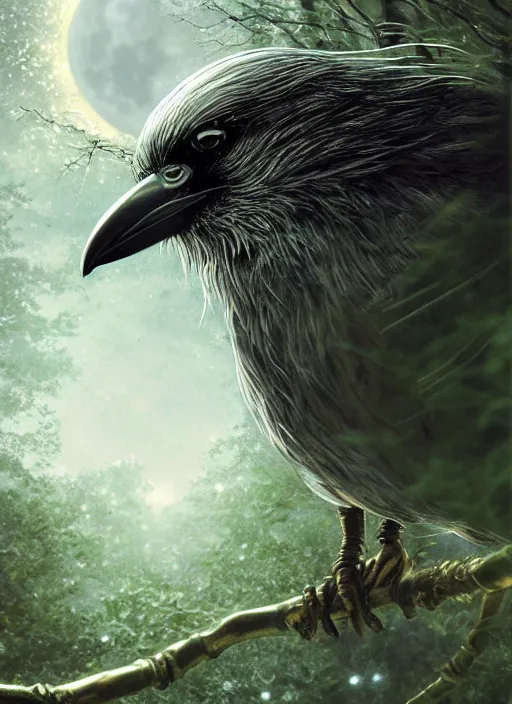 Prompt: glowing silver and golden elements, full close-up zoom portrait of realistic crow, book cover, green forest, white moon, establishing shot, extremly high detail, photo-realistic, cinematic lighting, by Yoshitaka Amano, Ruan Jia, Kentaro Miura, Artgerm, post processed, concept art, artstation, matte painting, style by eddie mendoza, raphael lacoste, alex ross